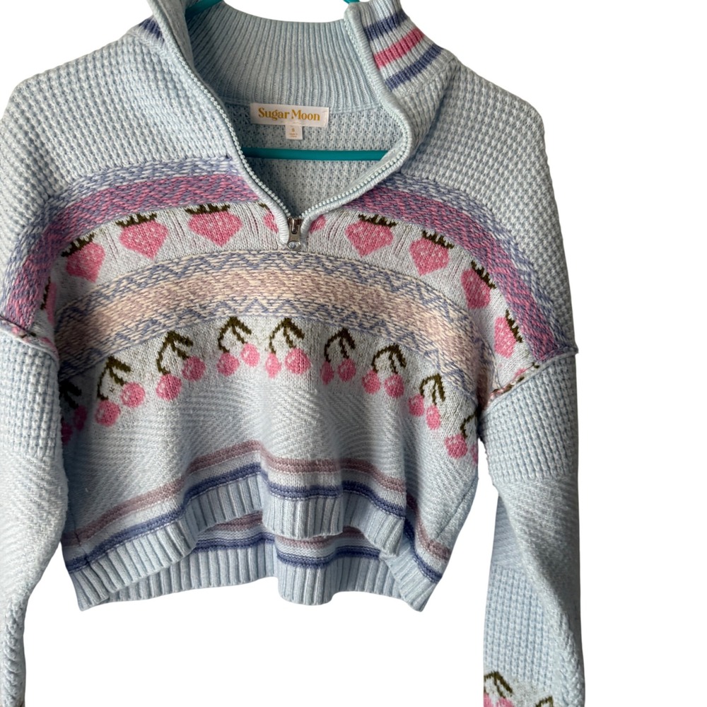 Sugar Moon Baby Blue Cropped Strawberry Cherry Fair‎ Isle Knit Sweater Coquette